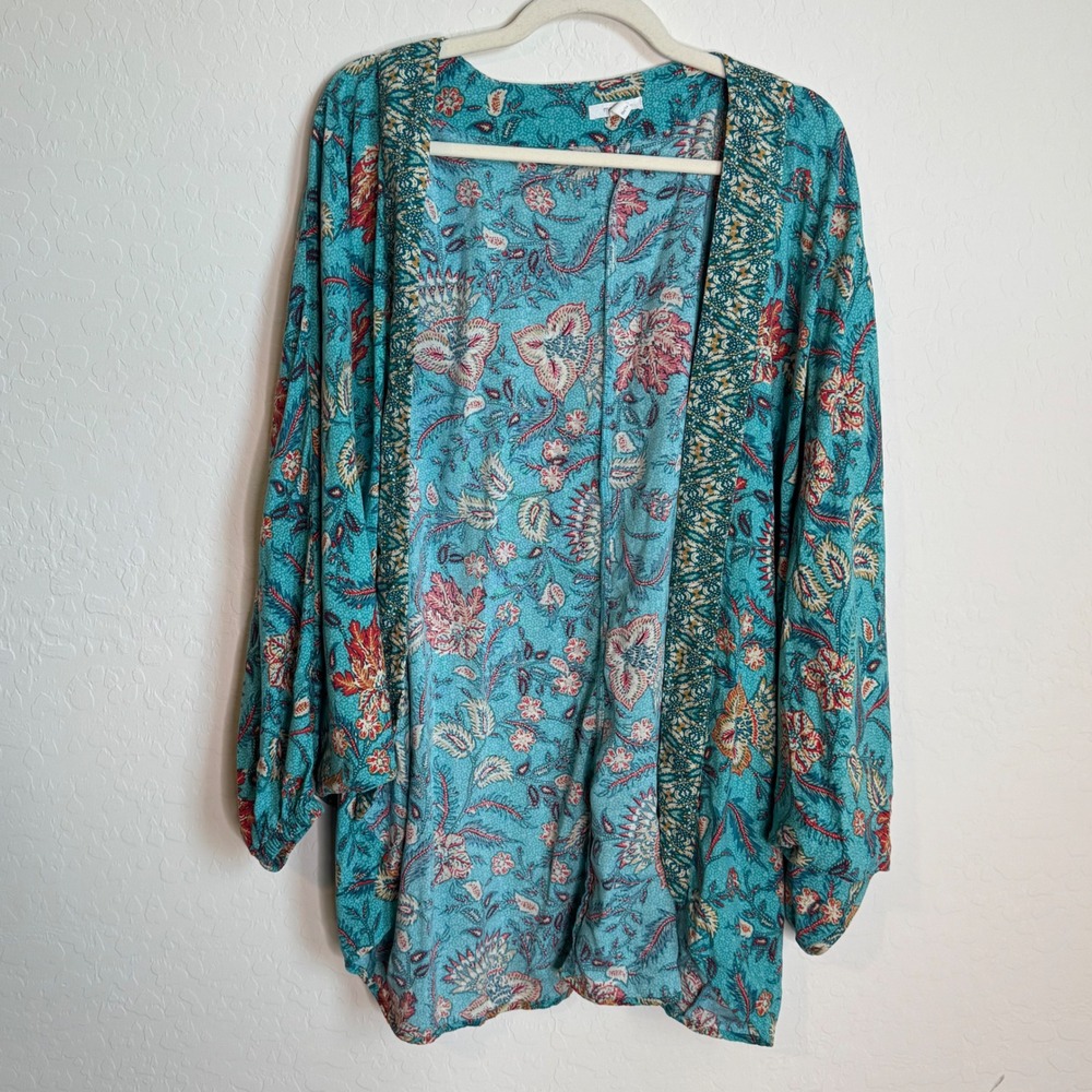 Maurices Teal Floral Paisley Kimono Cardigan Batwing Sleeve Plus 0X 1X Boho